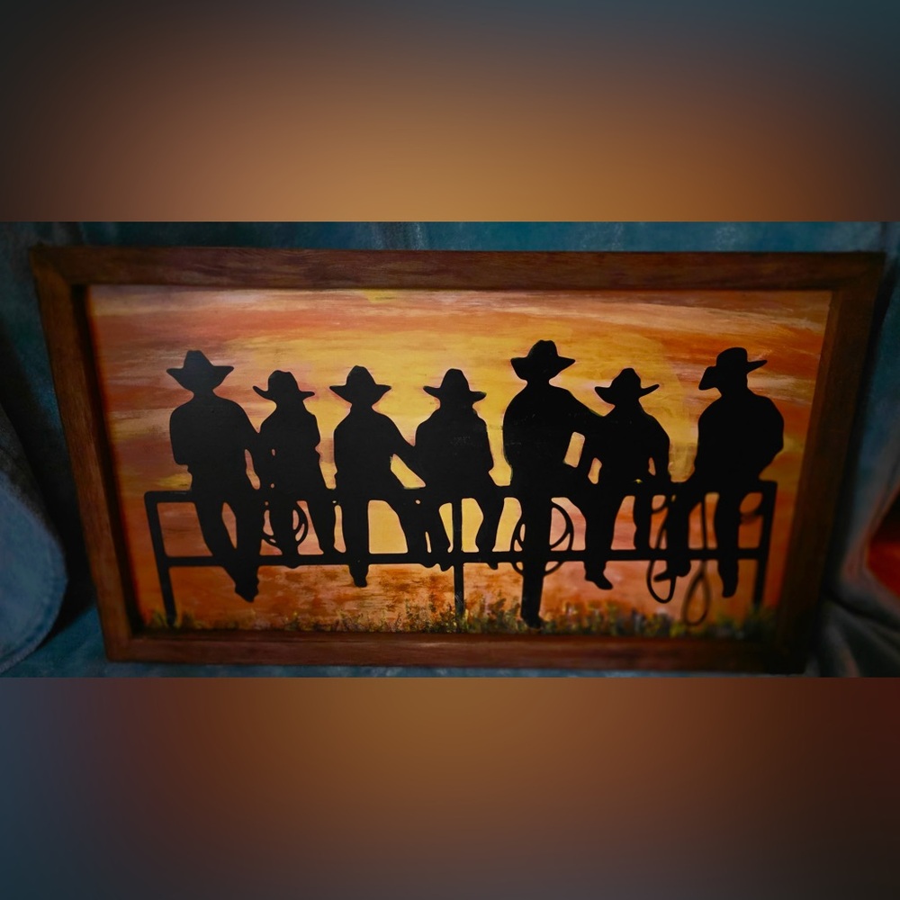 Handmade Western Cowboy Silhouette Wall Art | Hand-Painted Sunset Scene